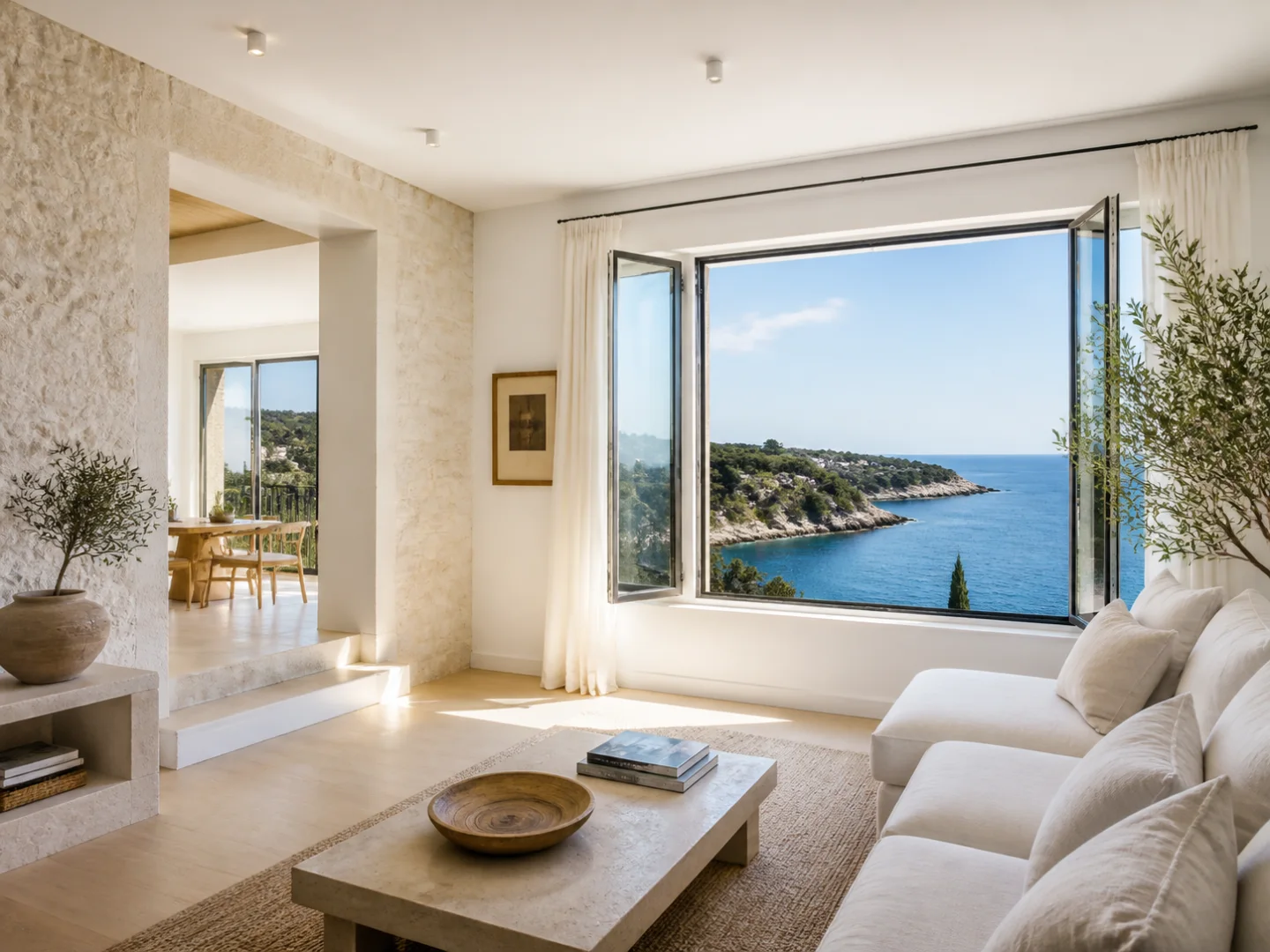 A bright two-bedroom apartment with a private balcony, open-plan kitchen, and wide Adriatic views. Ideal for couples or a family of four.