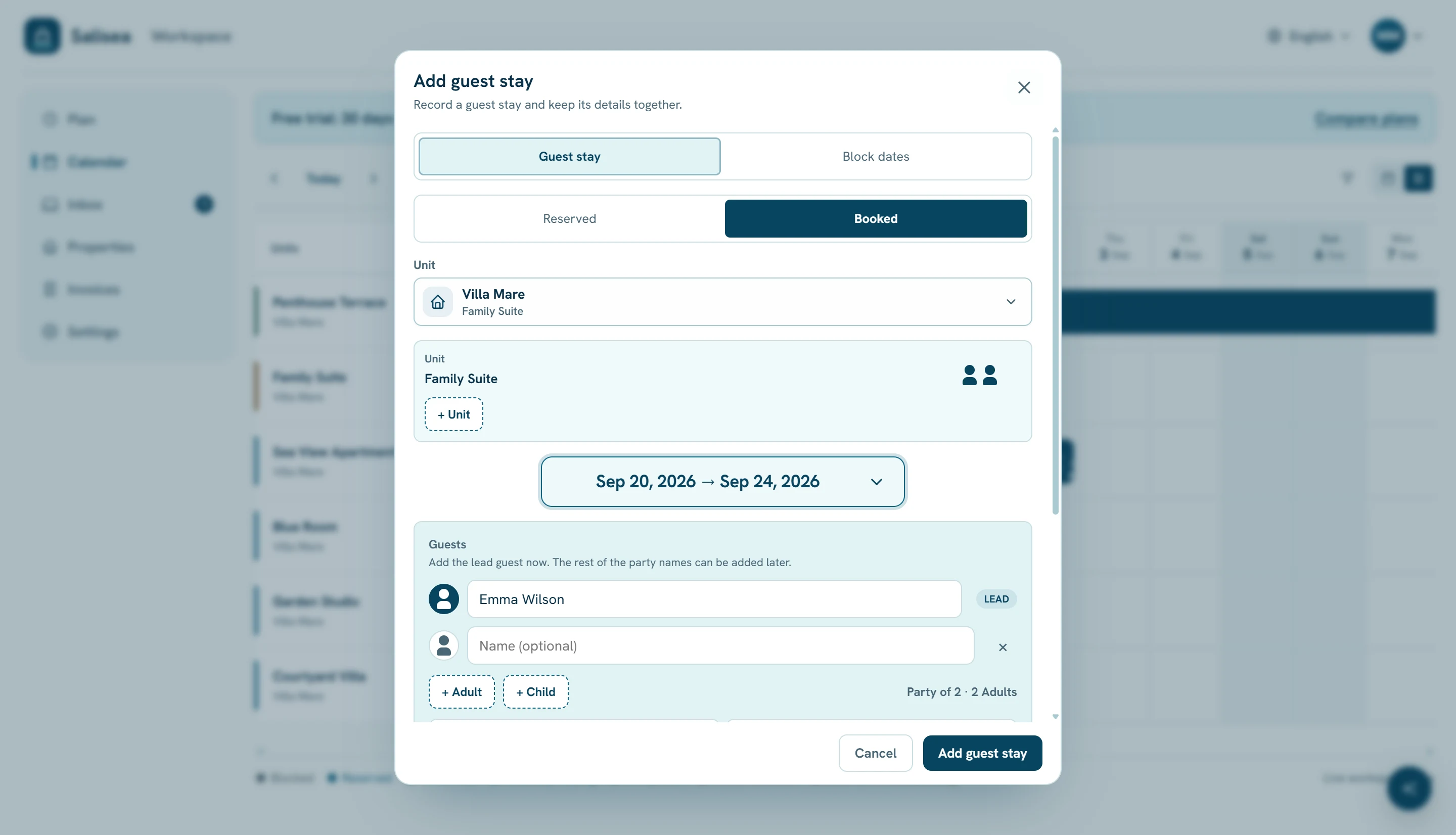 A completed Add guest stay form for a family booking