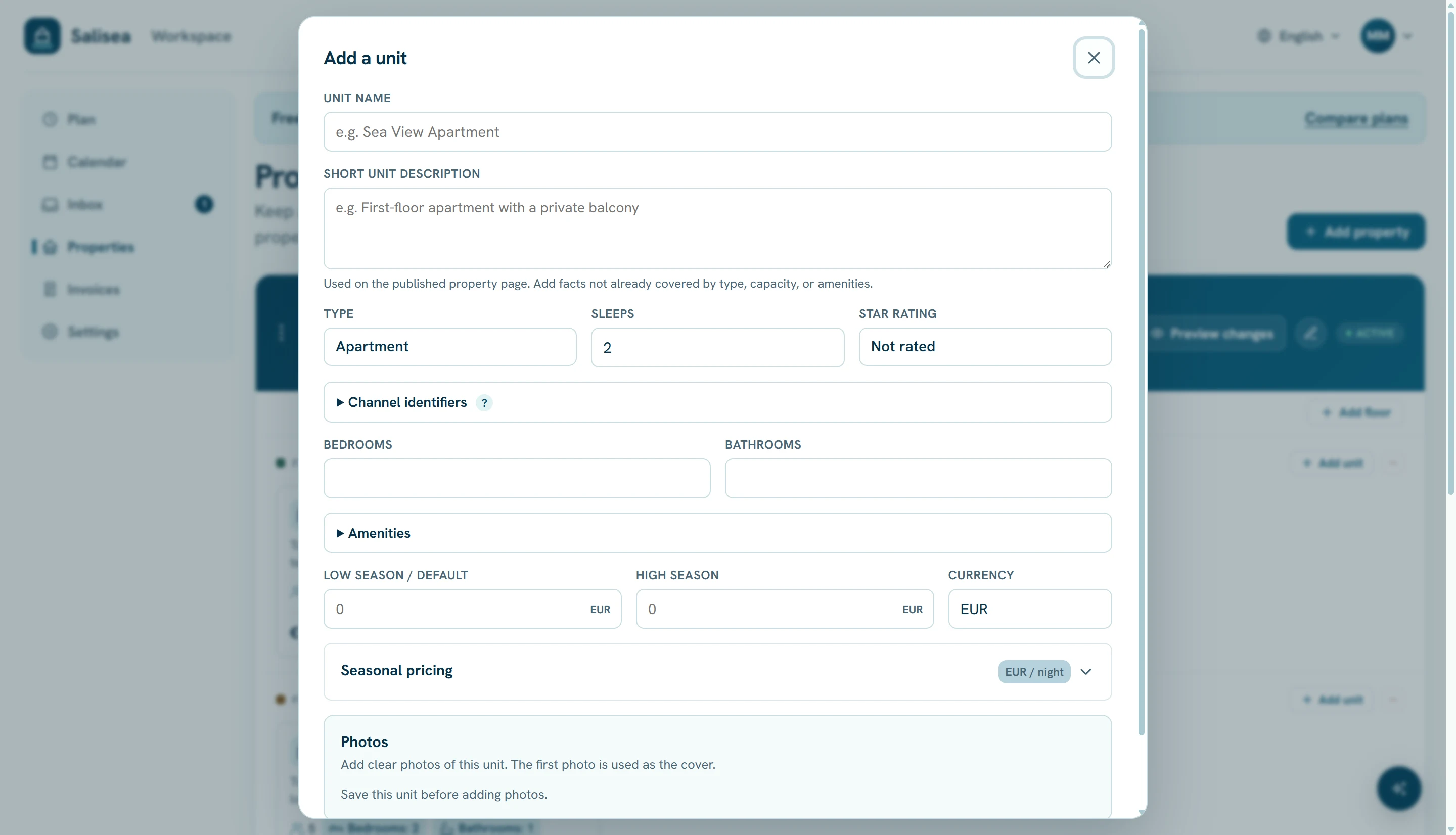 Unit setup form with capacity, pricing, amenities, and upload controls