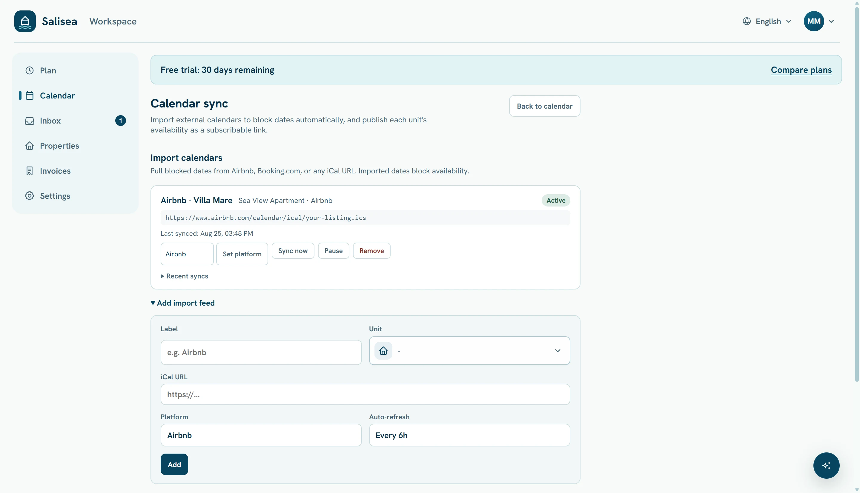 An active Airbnb import and the form for another iCal connection