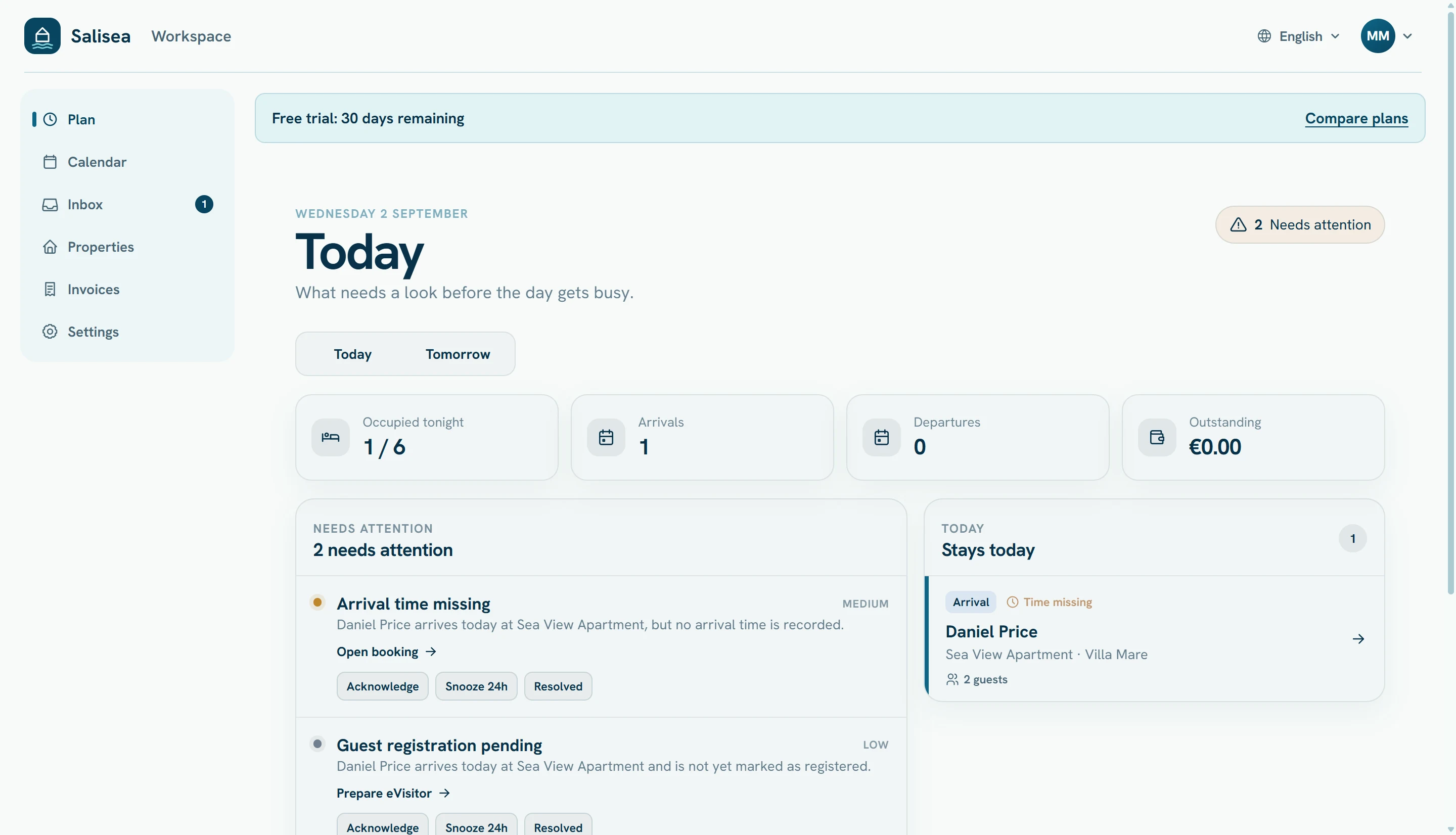 The daily Plan showing attention items and an arriving guest