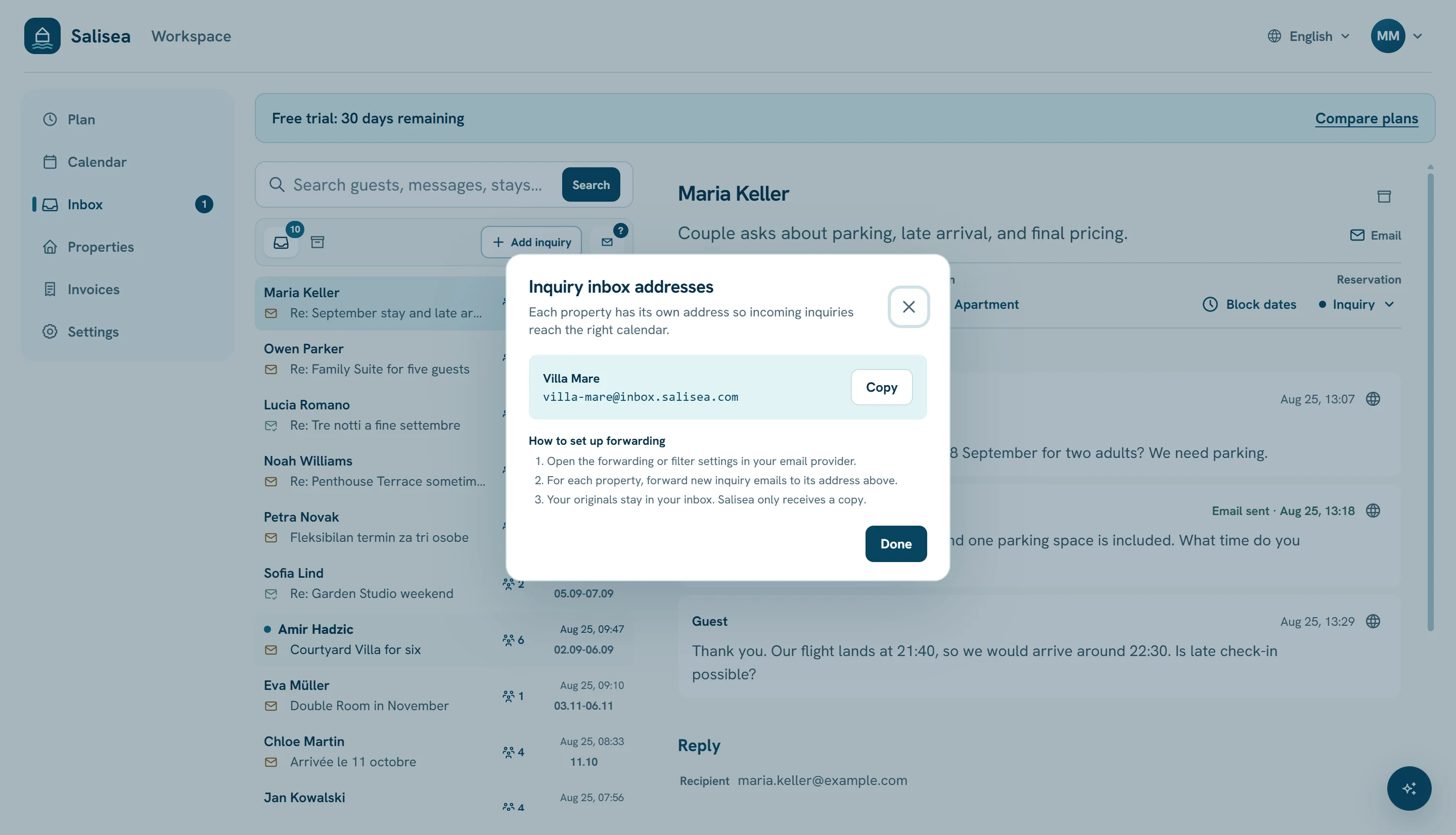 The property-specific inquiry address and forwarding instructions