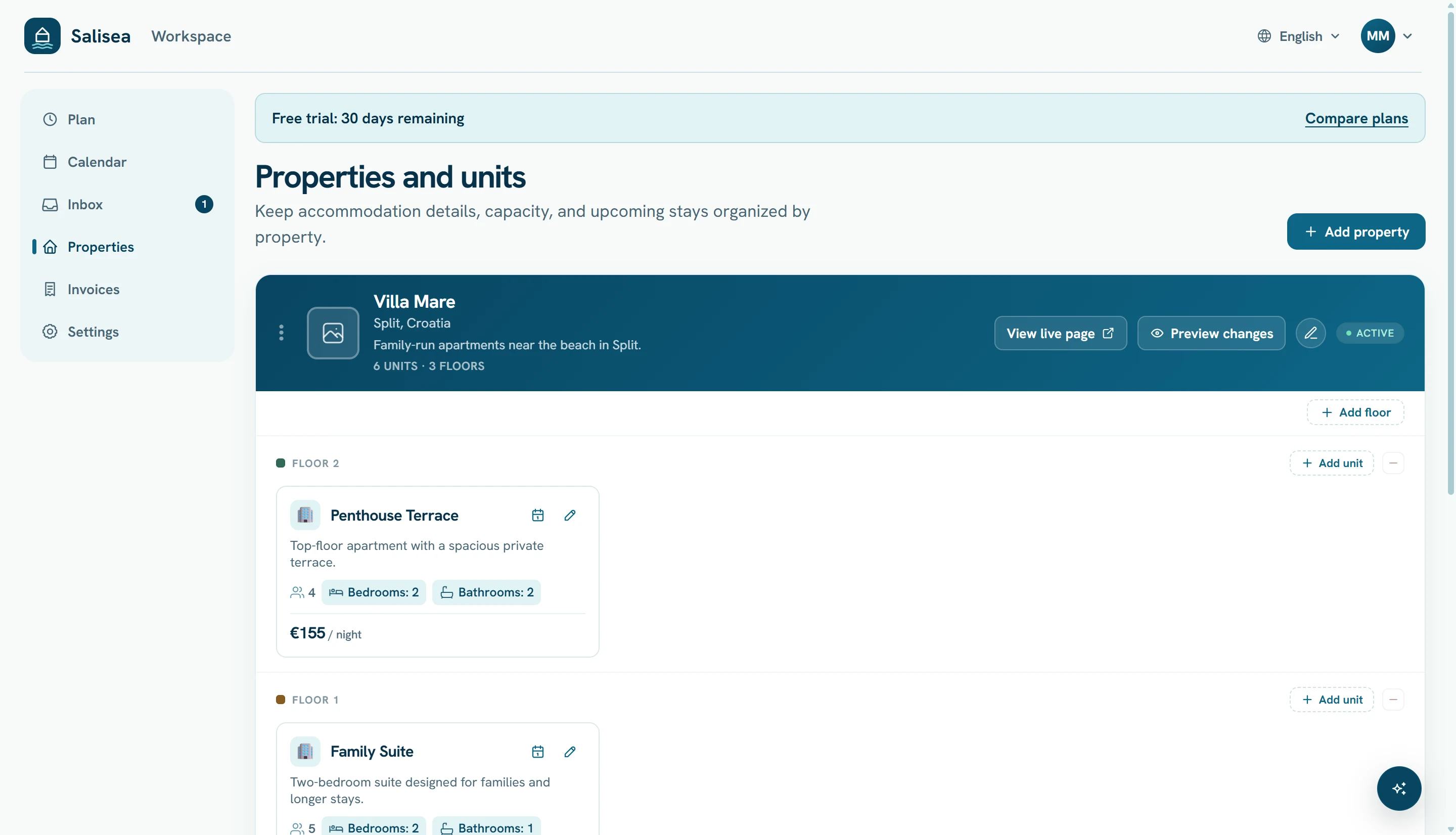 Properties and units organized by floor in Salisea