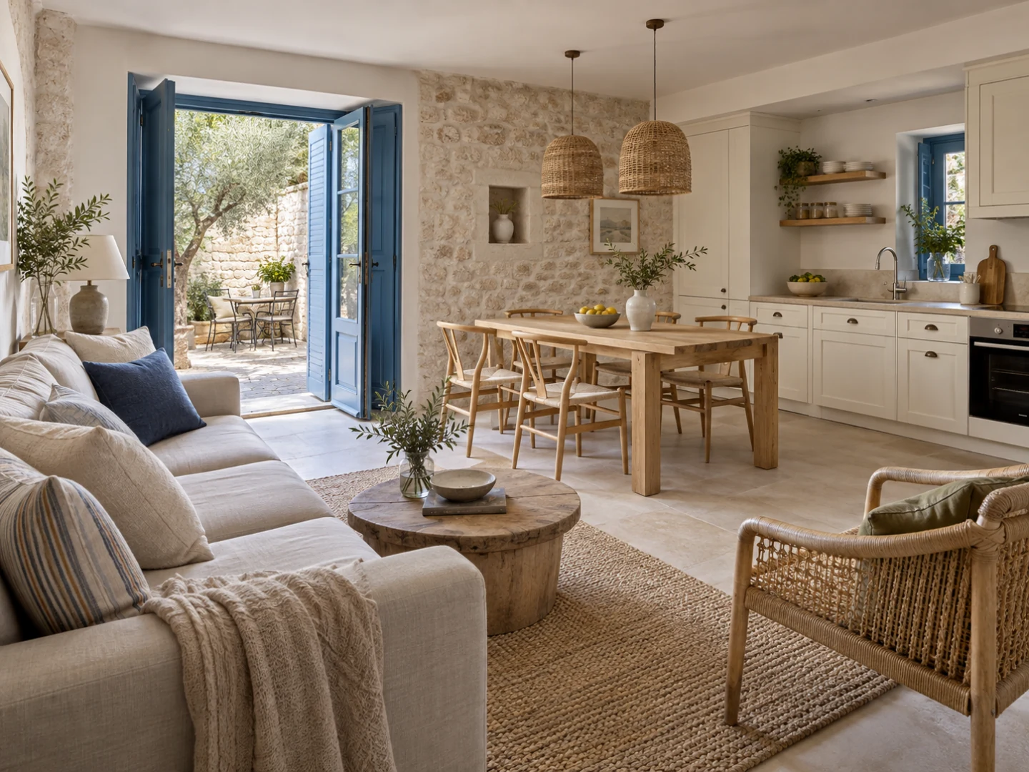 A spacious two-bedroom apartment with a full kitchen, dining space for five, and doors opening to a sheltered stone courtyard.