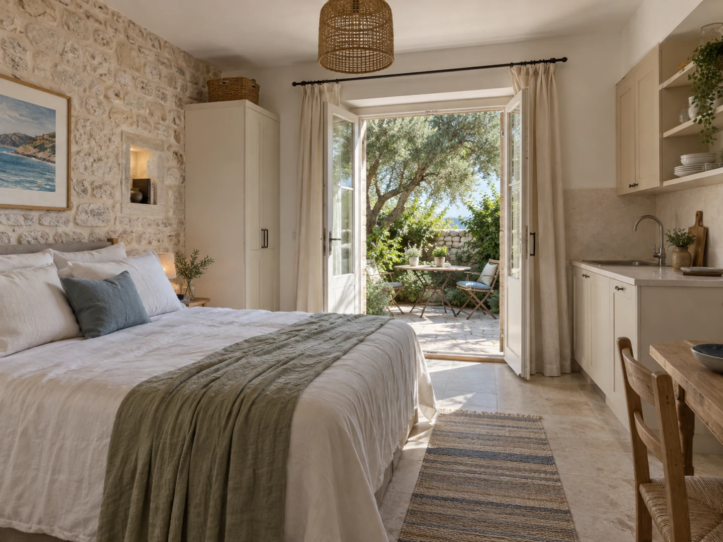 A peaceful ground-floor studio with its own garden terrace, compact kitchen, and a cool stone interior for two guests.