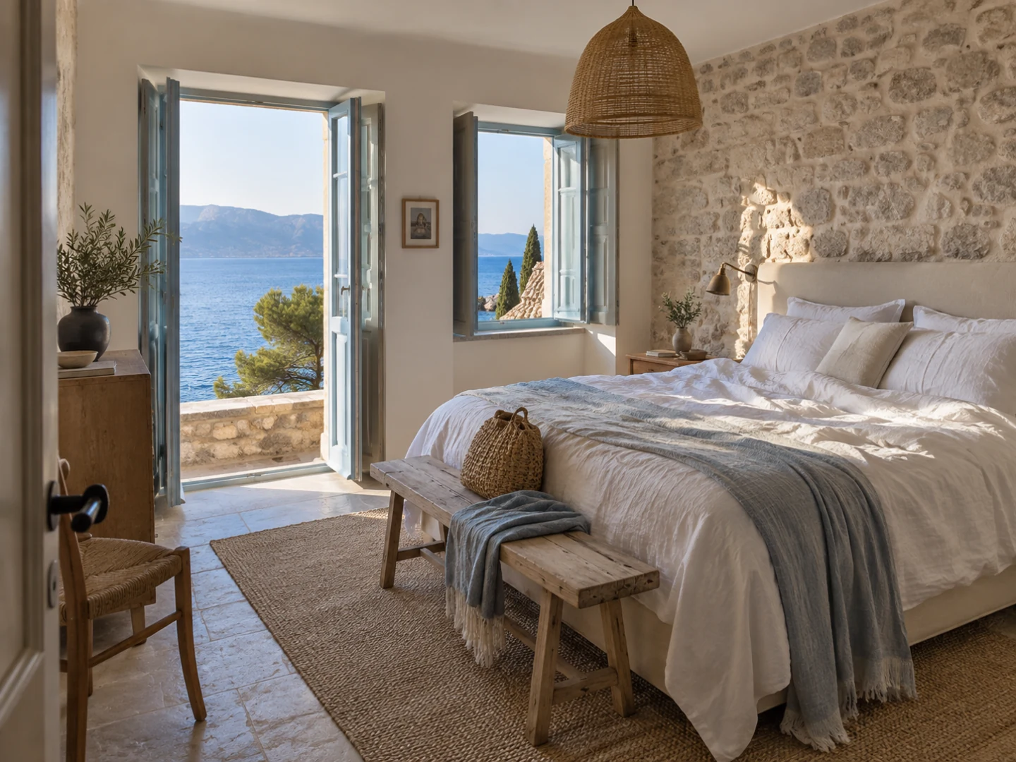 An airy one-bedroom suite for three, with a king bedroom, sofa bed, and a private stone terrace facing the evening sun and the Adriatic.